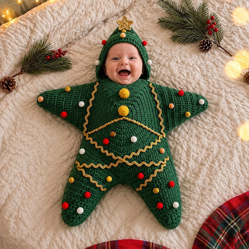 Baby wearing Christmas Tree crochet star suit