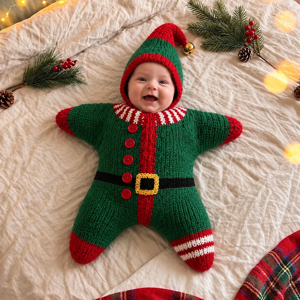 Baby wearing Elf crochet star suit