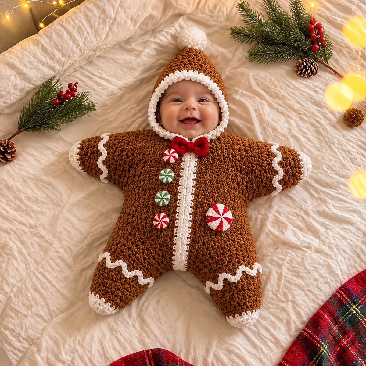 Baby wearing Gingerbread crochet star suit