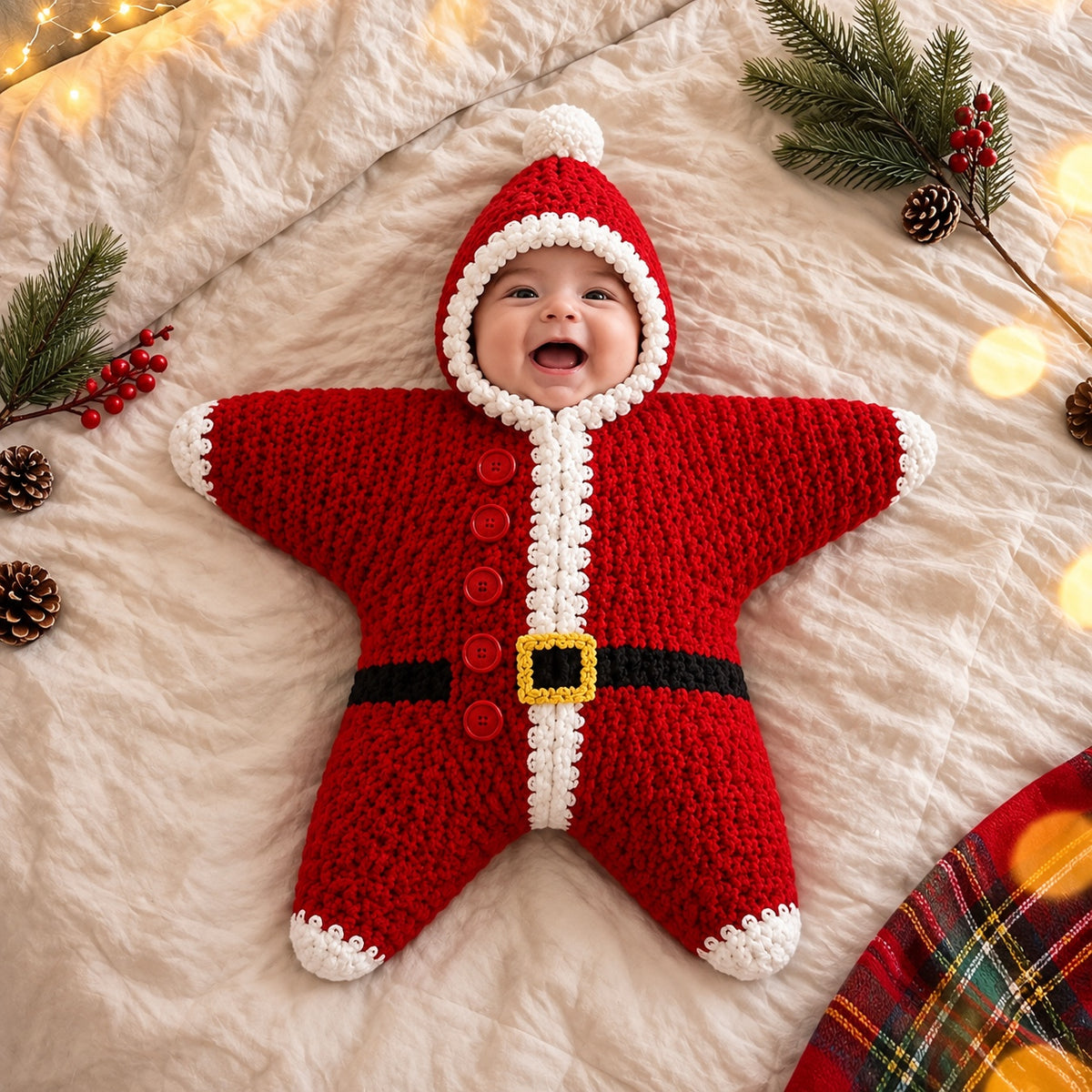 Baby wearing Santa crochet star suit